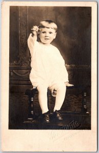 Toddler Photograph Sitting on Chair Little Boy White Clothes RPPC Postcard