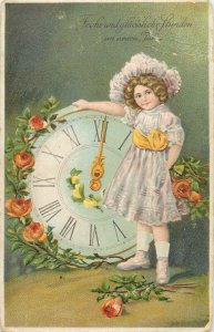 Winter seasonal greetings postcard New Year floral clock embossed lovely girl