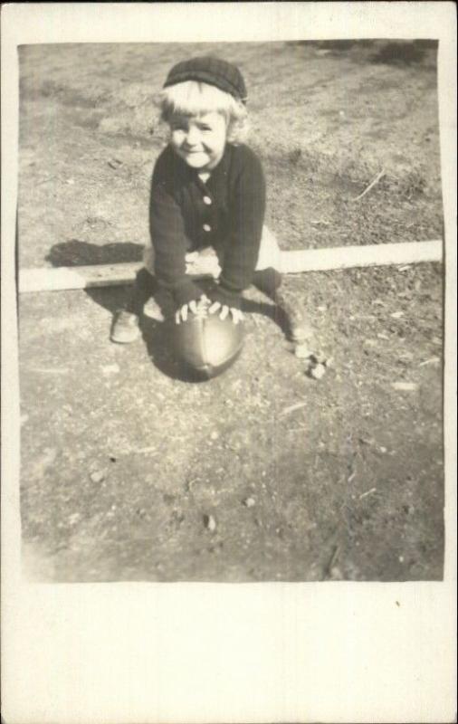 Little Boy Hiking Football c1910 Real Photo Postcard