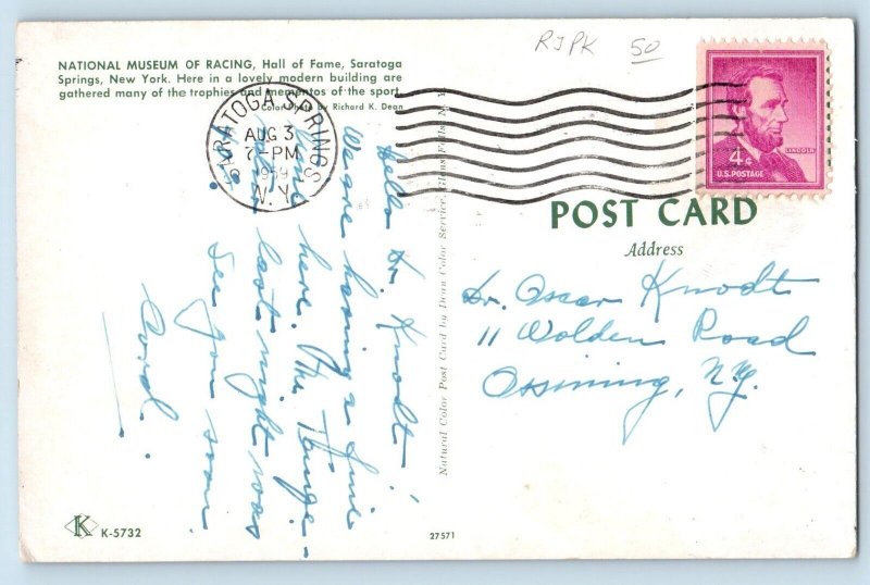 Saratoga Springs New York Postcard National Museum Racing Hall Fame 1959 Vintage