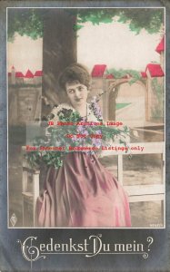 PFB Tinted RPPC No 4642/4, Studio Shot, Pretty Woman in Dress Holding Flowers