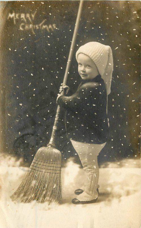 1912 Merry Christmas Child Broom Photo Studio Snow Effect Marietta Ohio RPPC