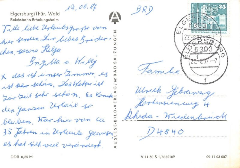 Germany 1987 Elgersburg Thuer Reichsbahn Erholungsheim Train Station postcard