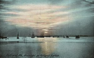 Postcard Moonlight In Harbor Sailing Down The Island At Night Portland Maine ME