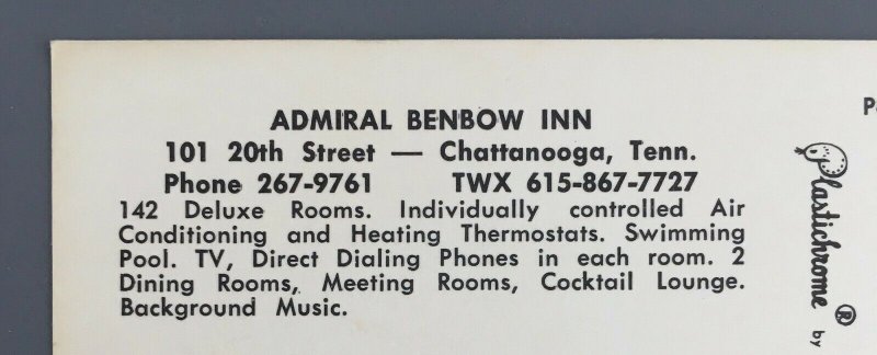 Admiral Benbow Inn Chattanooga TN Postcard 1950s Pool Plastichrome Motel 