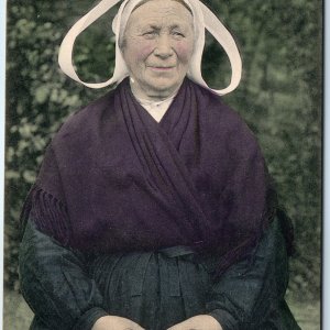 c1900s Brittany France Type Doloise Woman Hand Colored Costume Purple Shawl A344