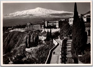 Taormina Panorama Dell'Etna Italy Restaurant Real Photo RPPC Postcard