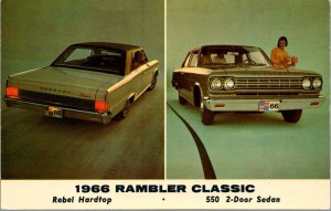 Postcard 1966 Rambler Classic Rebel Hardtop and 550 2-Door Sedan