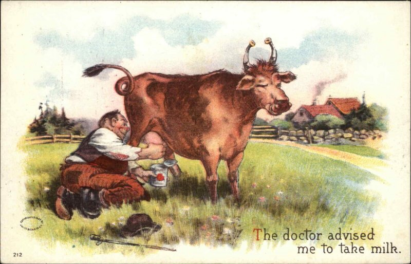 Comic Fat Man Milking Cow Doctor's Orders c1910 Vintage Postcard