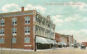 C-1910 Main Second Streets FORT SCOTT KANSAS Trolley International postcard 3349