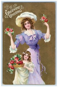 c1910's Valentine Greetings Pretty Woman Flowers In Basket Embossed Postcard