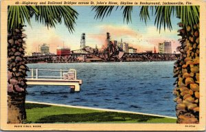 Vtg 1930s St Johns River Highway Railroad Bridges Jacksonville FL Linen Postcard