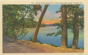 Chattahoochee River Scene, Sunset Atlanta GA Linen Postcard Unused