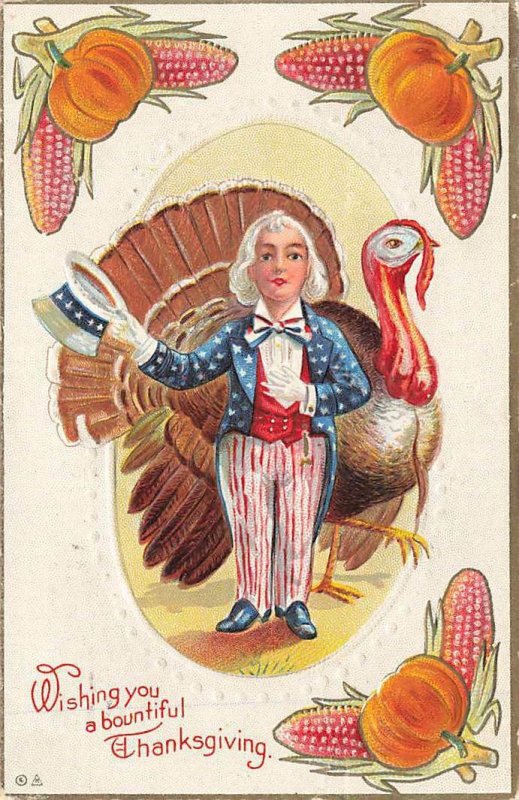 c1910 Patriotic Thanksgiving Woman Dressed As Uncle Sam Embossed VTG  Postcard 