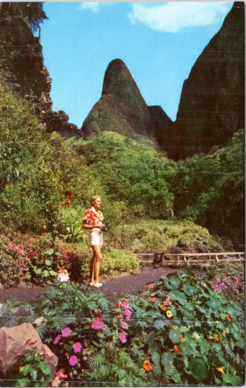 Postcard Hawaii Maui Iao Needle  with tourist on path