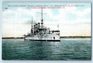 Newport News Virginia VA Postcard United States Battleship Virginia 1910 Vintage