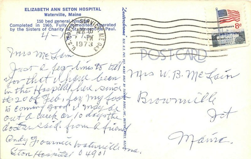 Waterville Maine 1973 Postcard Elizabeth Ann Seton Hospital 