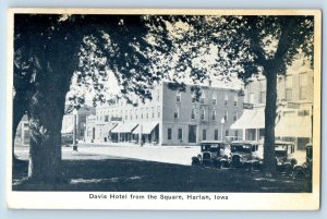 Harlan Iowa IA Postcard Davis Hotel From The Square Cars Lined Street Scene