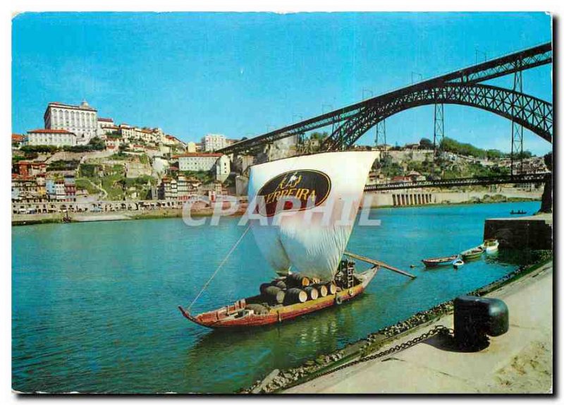 Postcard Modern Porto Portugal Douro Boat Rabeio and partial view of the city