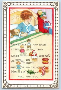 Christmas Postcard Child Girl Stockings Full Of Toys Embossed c1910's Antique