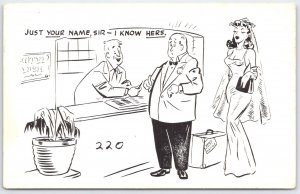 Vintage Humorous Cartoon Postcard 'Just Your Name, Sir' Wedding Scene