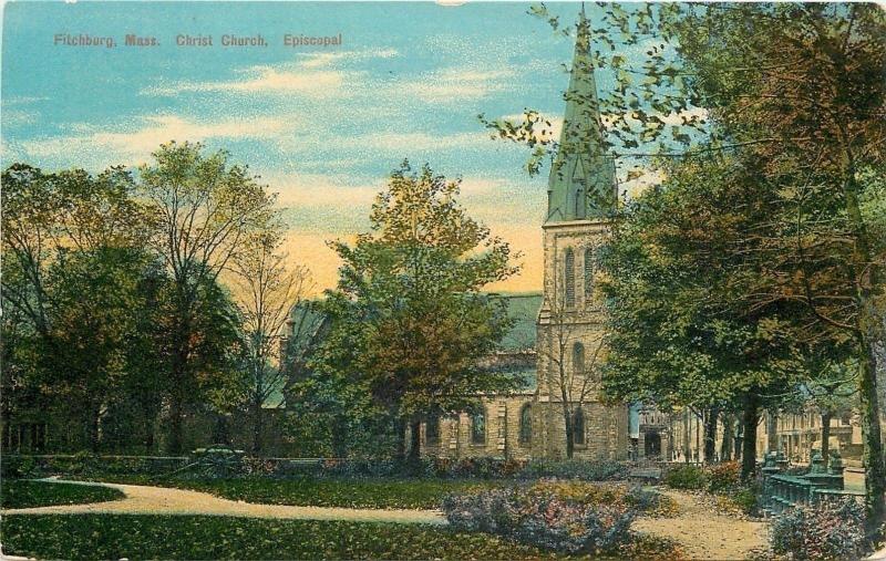 Fitchburg MA Path by Early Autumn TreesChrist Church Episcopal c1910 Postcard