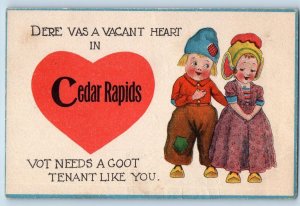 Cedar Rapids Iowa Postcard Dere Vas A Vacant Heart c1910's Antique Dutch Couple