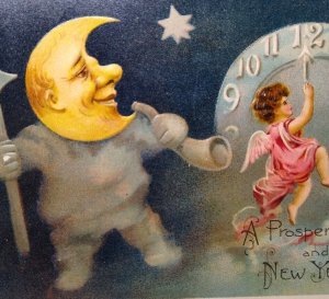 New Years Postcard Fantasy Crescent Moon Man Cherub Angel Clock 1908 PFB Germany 