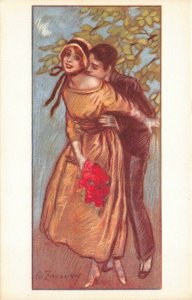 Artwork Postcard Man Kissing Woman's Neck Red Roses Garden~124251