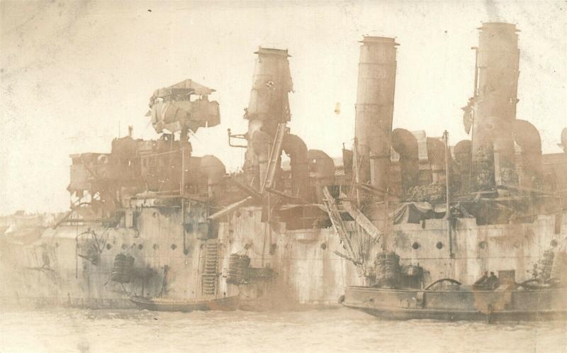 BATTLESHIP AFTER FIRE ? ANTIQUE REAL PHOTO POSTCARD RPPC 