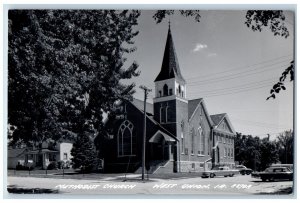 West Union Iowa IA Postcard RPPC Photo Methodist Church Cars Scene c1940's