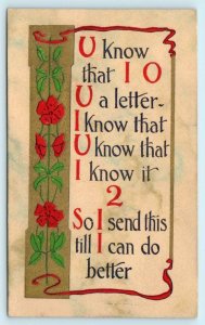 Arts and Crafts U Know that I O U a Letter 1912 Everett  Gold Postcard