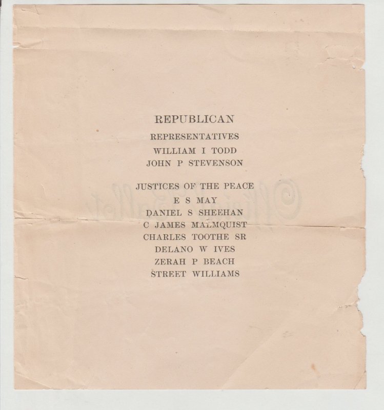 1900 Official Ballot CT Representatives & Justices of the Peace: Todd, Stevenson