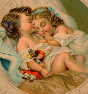 1880s Victorian New Year's Trade Card Children & Doll Sleeping #7A