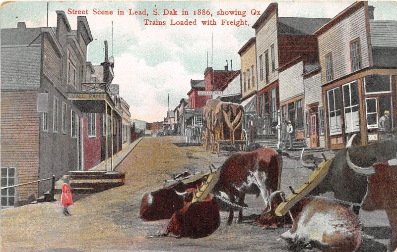 J53/ Lead South Dakota Postcard c1910 Ox Trains Freight Stores  316