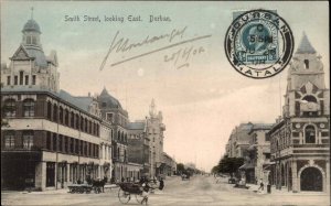 Durban South Africa Smith Street Scene Rickshaw Stamp on Front c1910 PC