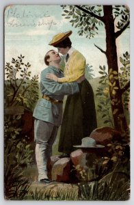 Romance Soldier And His Lady Kissing In Forest  Postcard L22