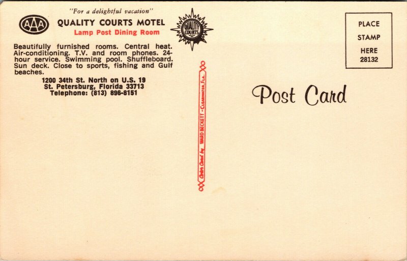 Vtg Quality Courts Motel St Petersburg Florida FL Unused Postcard