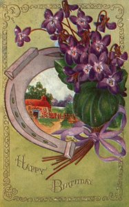 Vintage Postcard 1910's Happy Birthday Greetings Card Horseshoe Purple Flowers