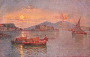 Vesuvius Eruption Night Naples Fishing Boats G. Carelli Art Postcard 1919