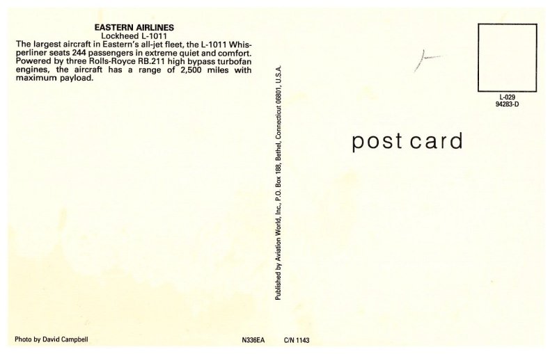 Eastern Airlines Lockheed L 1011 Airplane Postcard