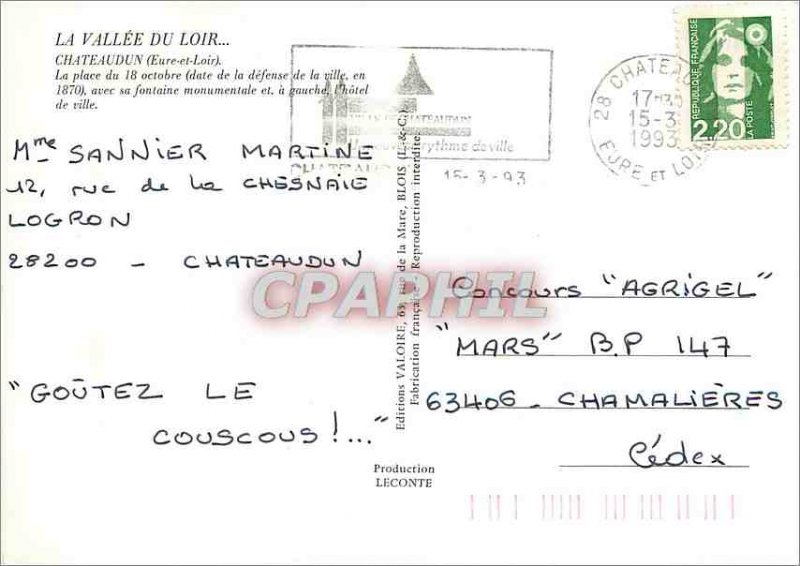 Modern Postcard Chateaudun (Eure et Loire) The Loir Valley La Place 18 Octobe...