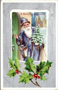Christmas Postcard Purple Suited Santa Claus Knocking on a Front Door