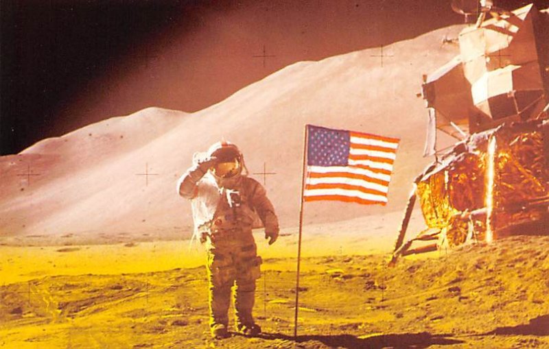 Astronaut David R Scott saluting beside the US flag Space Unused 