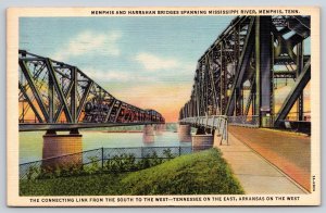 Tennessee~Memphis & Harrahan Bridges Over Mississippi River~1932 Linen Postcard