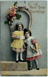 M-30089 Two Little Girls and Flowers Art Print New Year Greetings