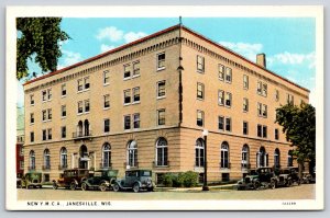 Janesville Wisconsin~New YMCA Bldg Street View~Lamp~Automobiles~1920s Postcard