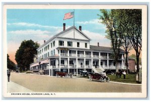 c1920's Car Scene, US Flag, Horse Ondawa House Schroon Lake New York NY Postcard 