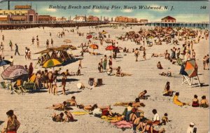 North Wildwood, NJ New Jersey  BATHING BEACH Sunbathers~Pier 1950 Linen Postcard