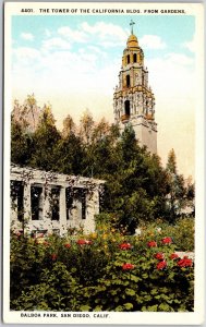 San Diego CA-California, Balboa Park Tower California Building Gardens Postcard